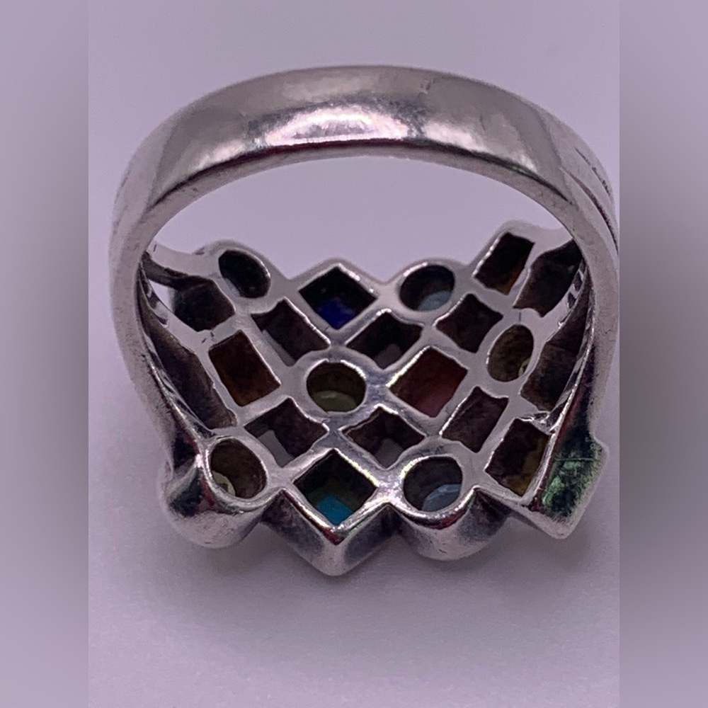 Vintage Sterling Silver Multi-Gemstone Inlaid Checkerboard Ring - Picture 8 of 12